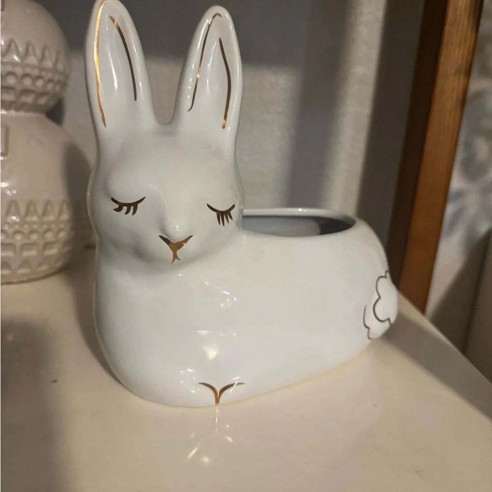West elm White Ceramic Bunny Planter